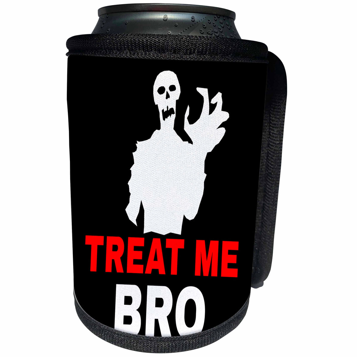 3dRose Alexis Design - Holidays Halloween - Treat me, bro Halloween zombie, black background - Can Cooler Bottle Wrap (cc_265622)