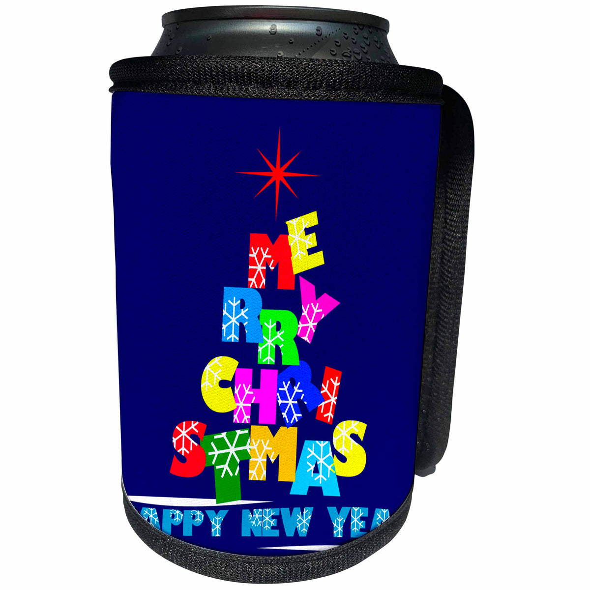 3dRose Alexis Design - Holidays Christmas - Typography Christmas tree Merry Christmas and Happy New Year - Can Cooler Bottle Wrap (cc_265623)