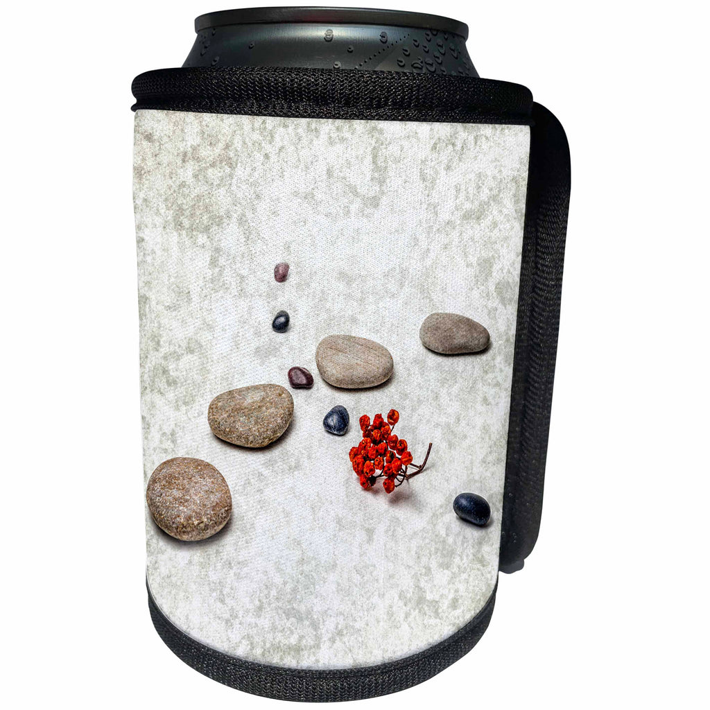 3dRose Alexis Photography - Objects Zen - Intersection of stones and pebbles, cluster of red rowan berries. Zen - Can Cooler Bottle Wrap (cc_265666)