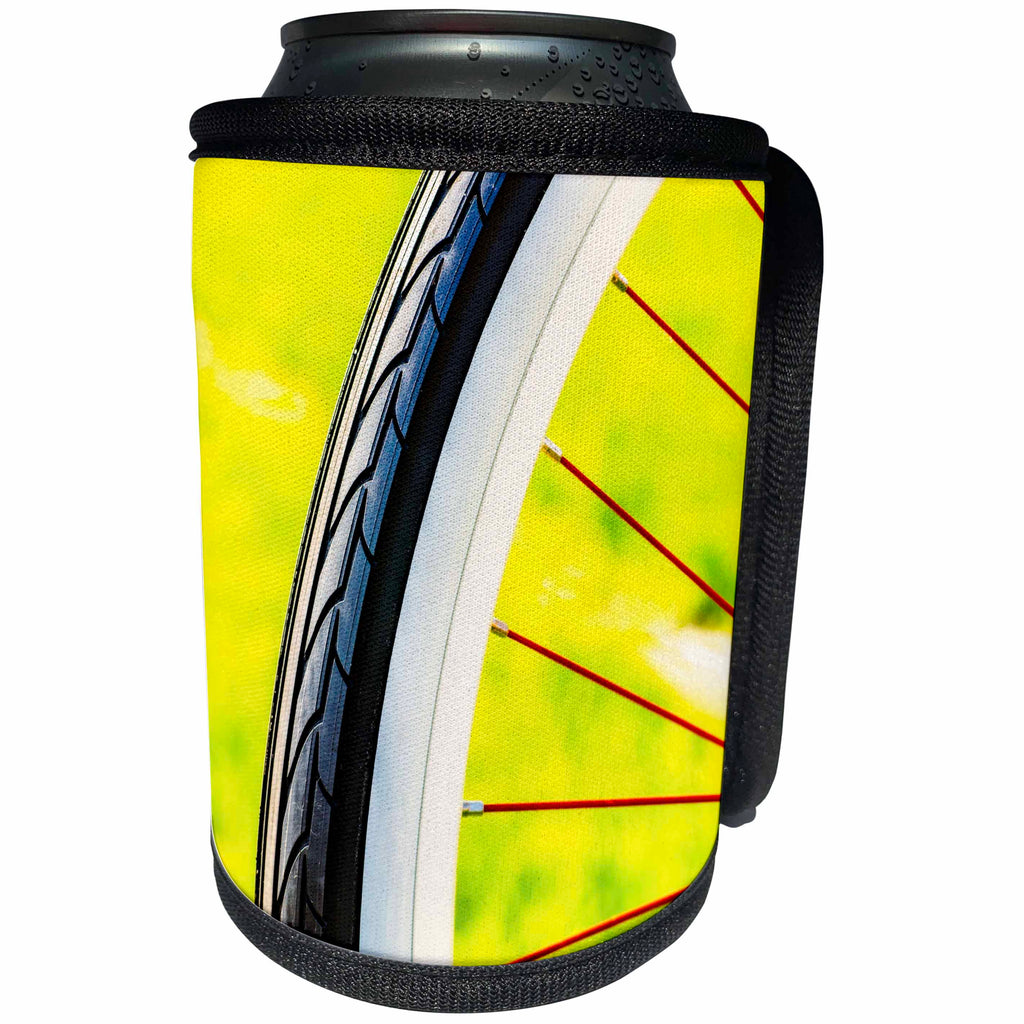 3dRose Alexis Photography - Transport Bike - Part of a bicycle wheel with black tire. Summer season begins - Can Cooler Bottle Wrap (cc_265673)
