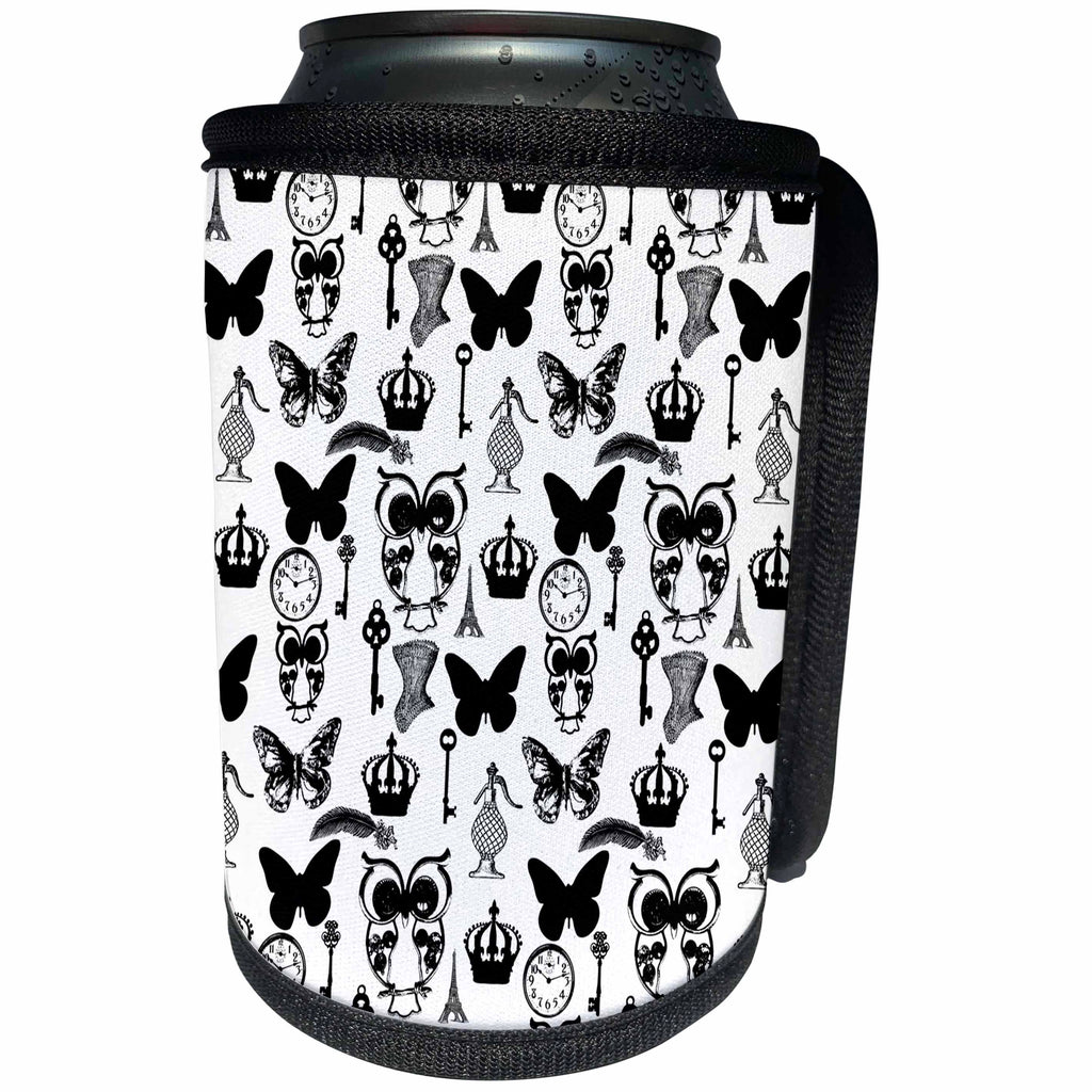 3dRose PS Chic - Black Owls and Butterflies - Can Cooler Bottle Wrap (cc_265694)