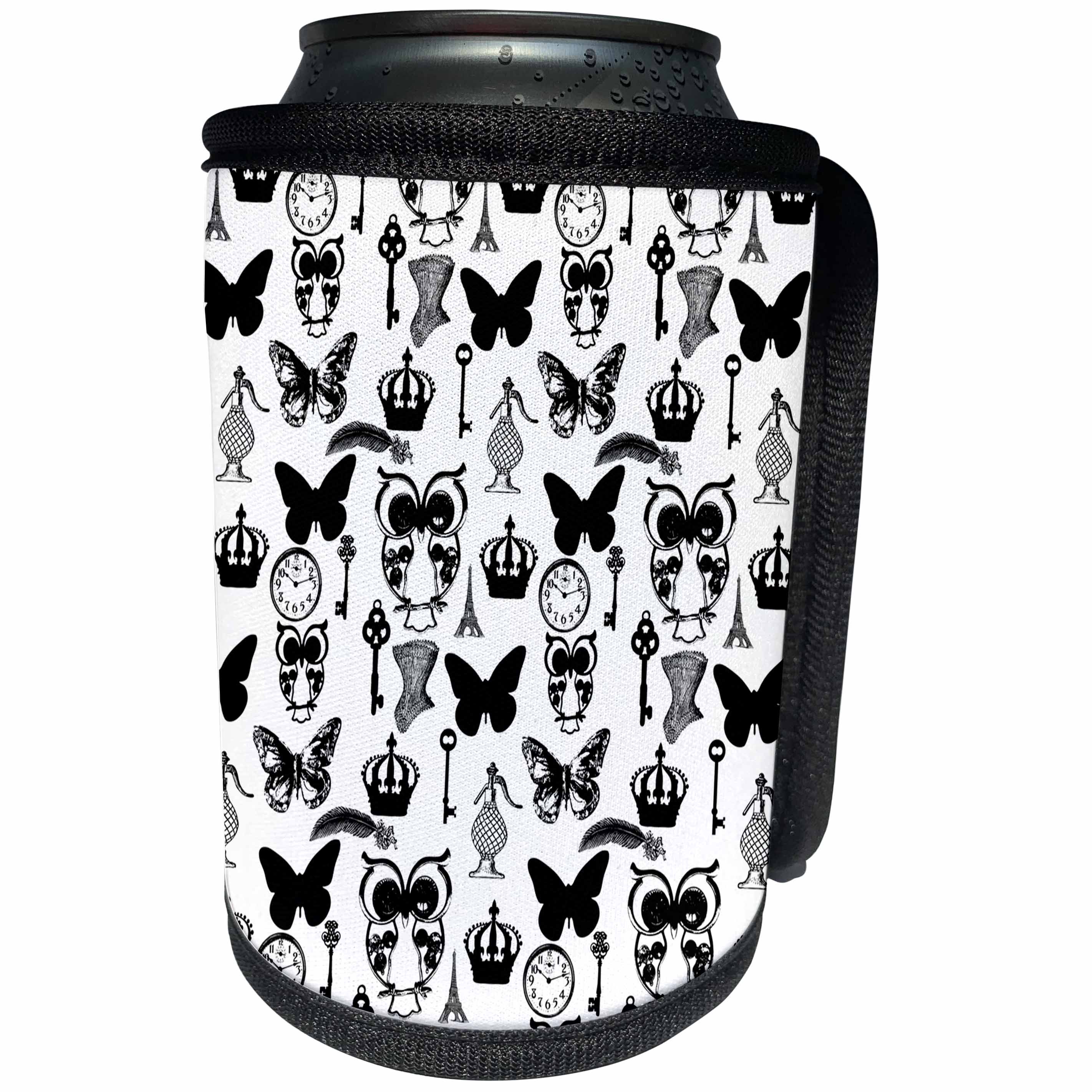 3dRose PS Chic - Black Owls and Butterflies - Can Cooler Bottle Wrap (cc_265694)