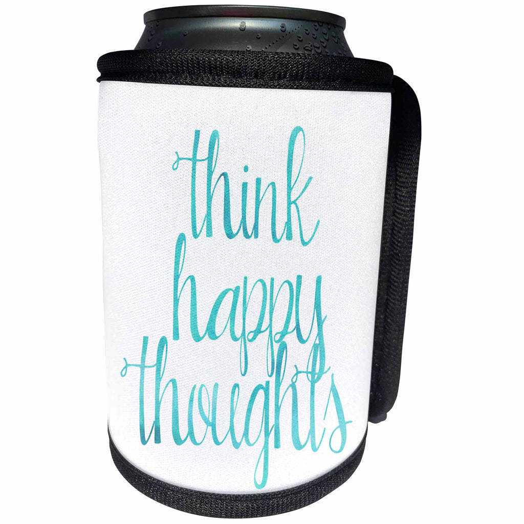 3dRose PS Inspiration - Aqua Watercolor Think Happy Thoughts - Can Cooler Bottle Wrap (cc_265699)
