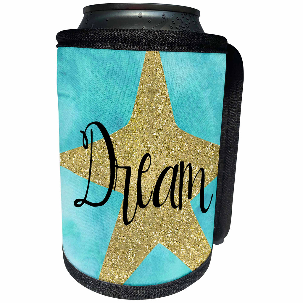 3dRose PS Inspiration - Gold Sparkle Glam Aqua Star Dream - Can Cooler Bottle Wrap (cc_265710)