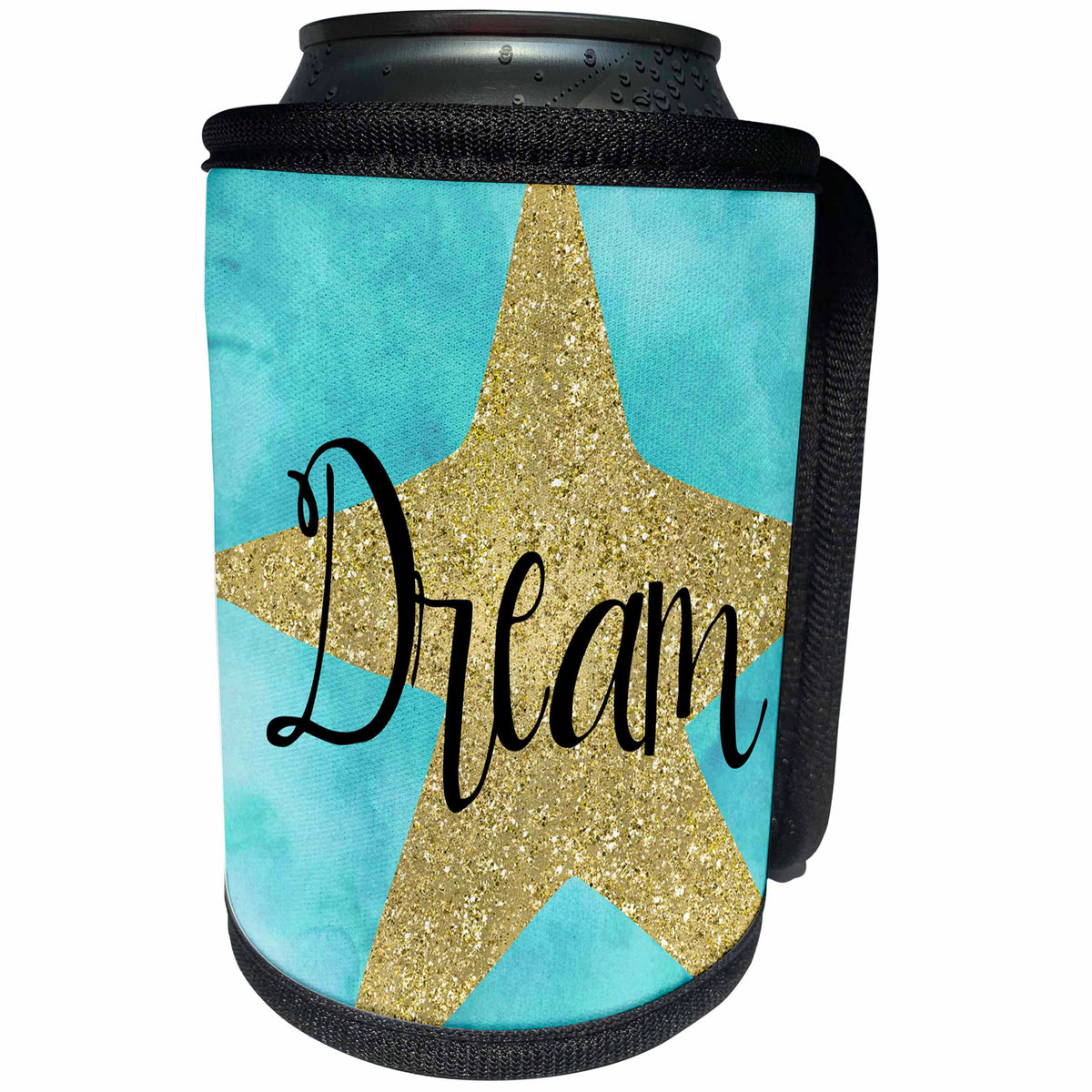 3dRose PS Inspiration - Gold Sparkle Glam Aqua Star Dream - Can Cooler Bottle Wrap (cc_265710)