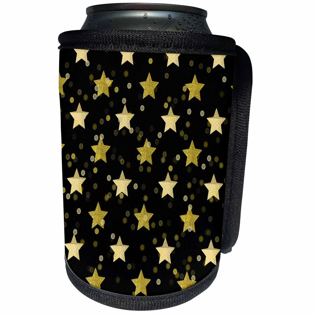 3dRose PS Stars - Gold Black Bokeh Confetti Glam Stars - Can Cooler Bottle Wrap (cc_265724)