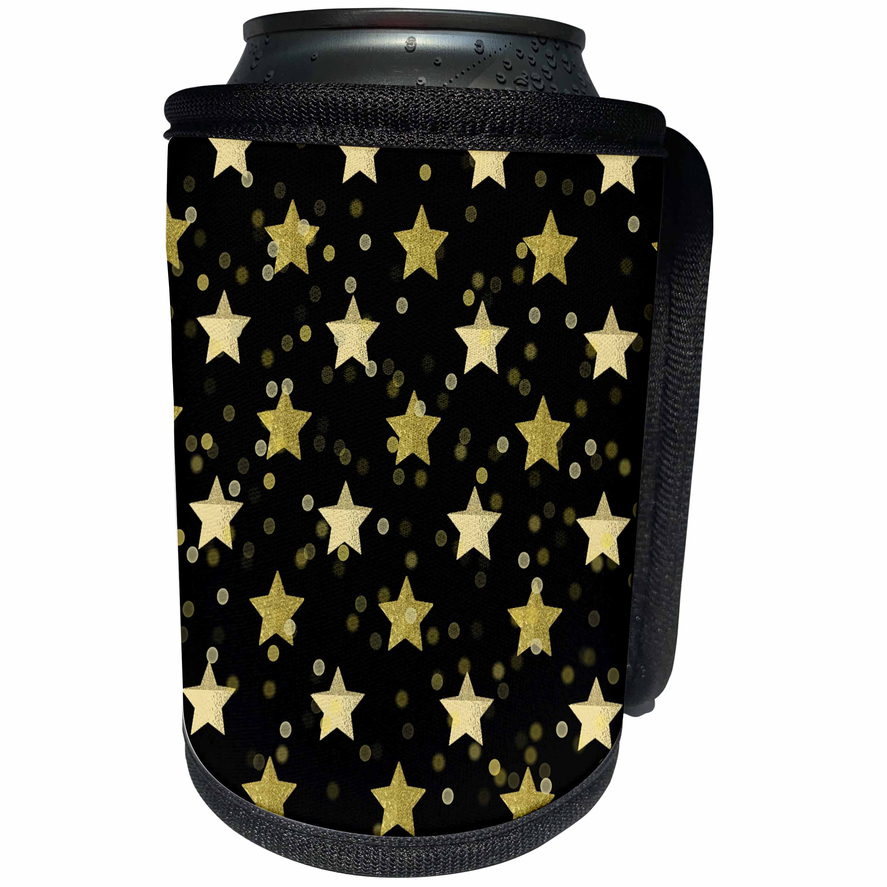3dRose PS Stars - Gold Black Bokeh Confetti Glam Stars - Can Cooler Bottle Wrap (cc_265724)