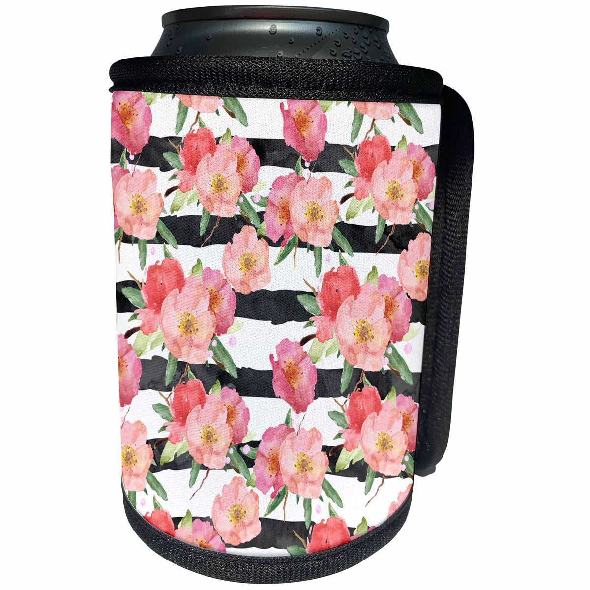 3dRose PS Chic - Black and White Stripes Pink Watercolor Floral - Can Cooler Bottle Wrap (cc_265725)