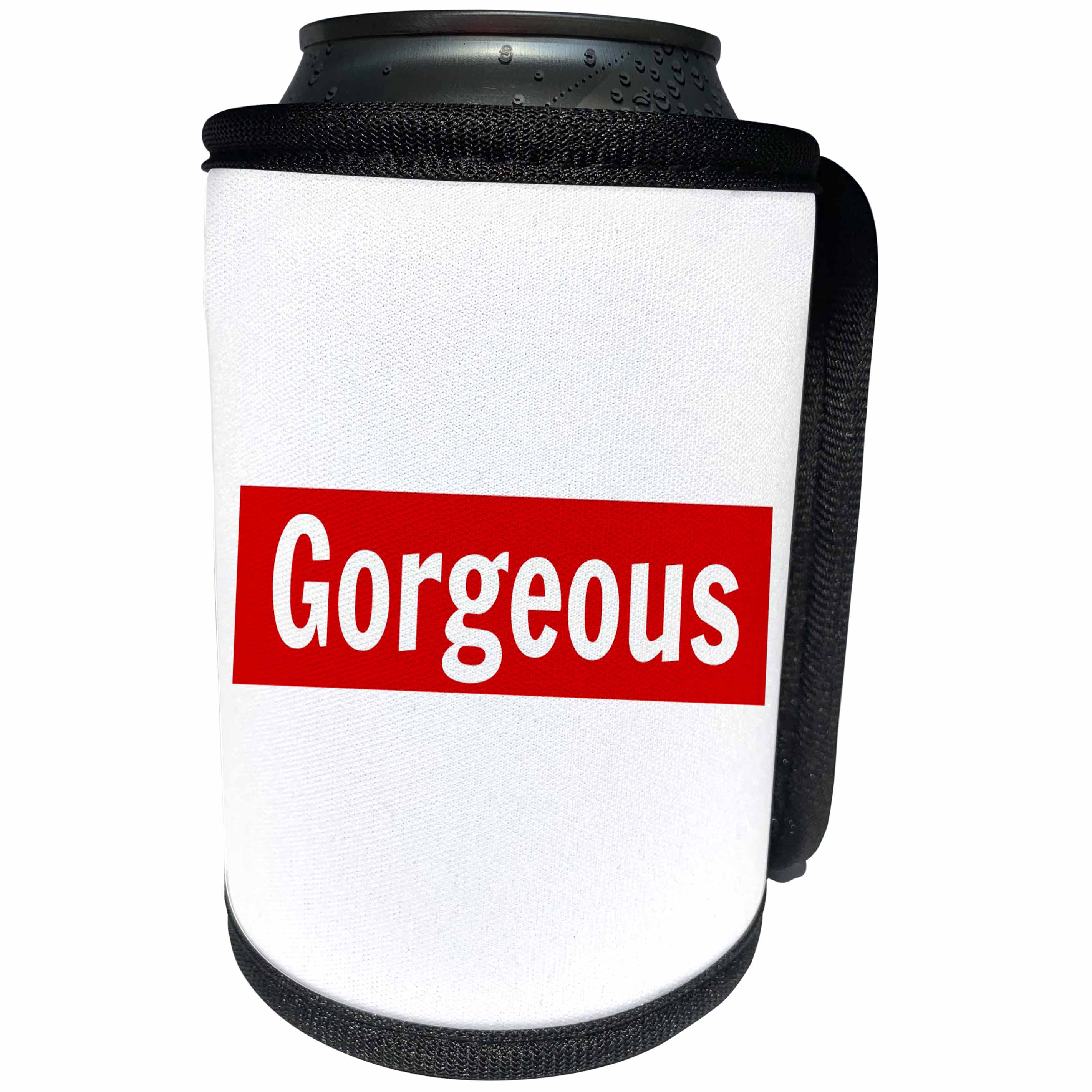 3dRose Xander funny quotes - Gorgeous, white letting in a red and white background - Can Cooler Bottle Wrap (cc_265840)