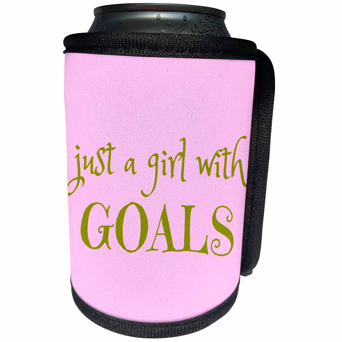 3dRose Xander inspirational quotes - Just a girl with goals, gold letters on a pink background - Can Cooler Bottle Wrap (cc_265904)