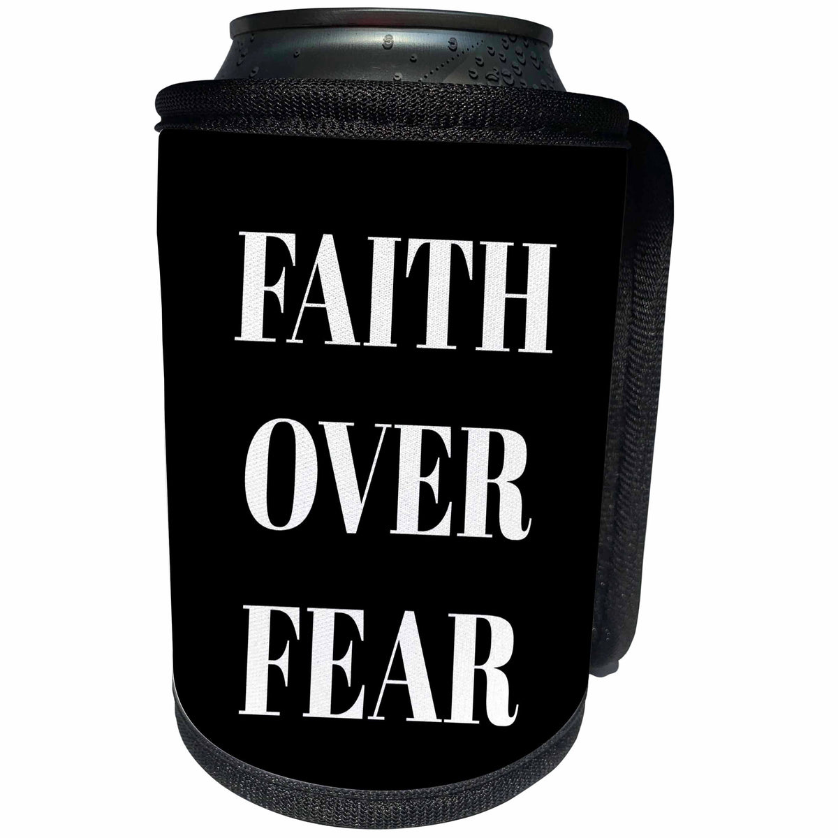 3dRose Xander inspirational quotes - Faith over fear, white letters on a black background - Can Cooler Bottle Wrap (cc_265910)