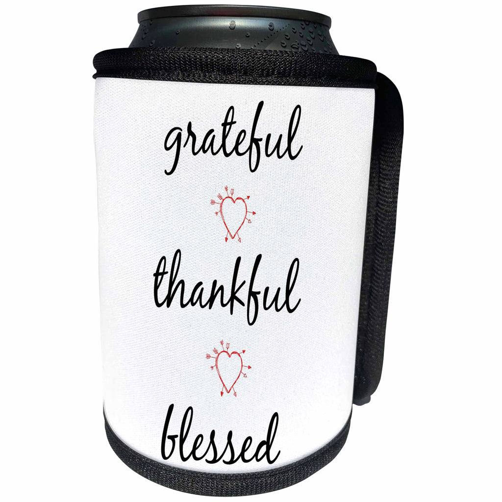 3dRose Xander inspirational quotes - Grateful, thankful, blessed, black letters with picture of hearts - Can Cooler Bottle Wrap (cc_265914)