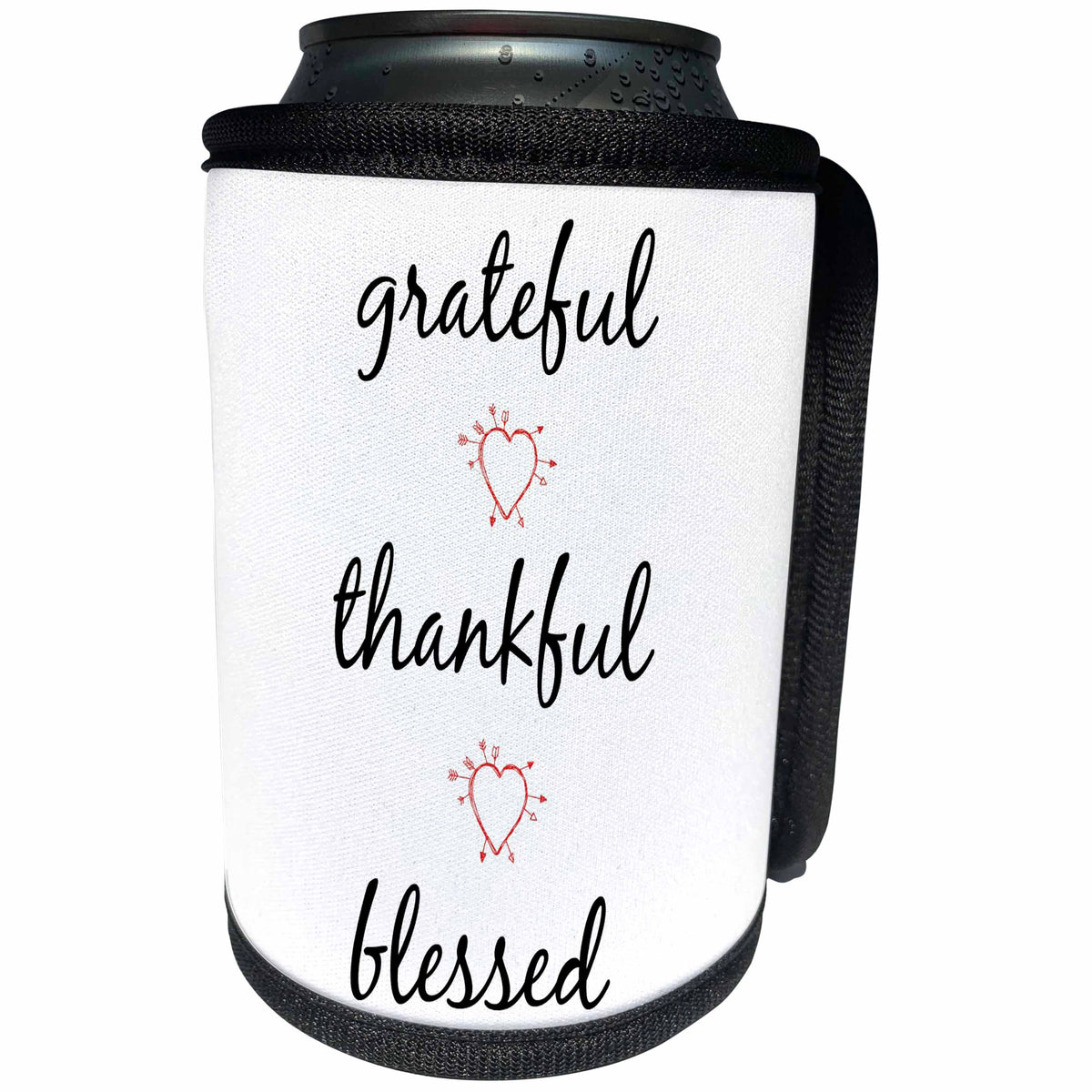 3dRose Xander inspirational quotes - Grateful, thankful, blessed, black letters with picture of hearts - Can Cooler Bottle Wrap (cc_265914)
