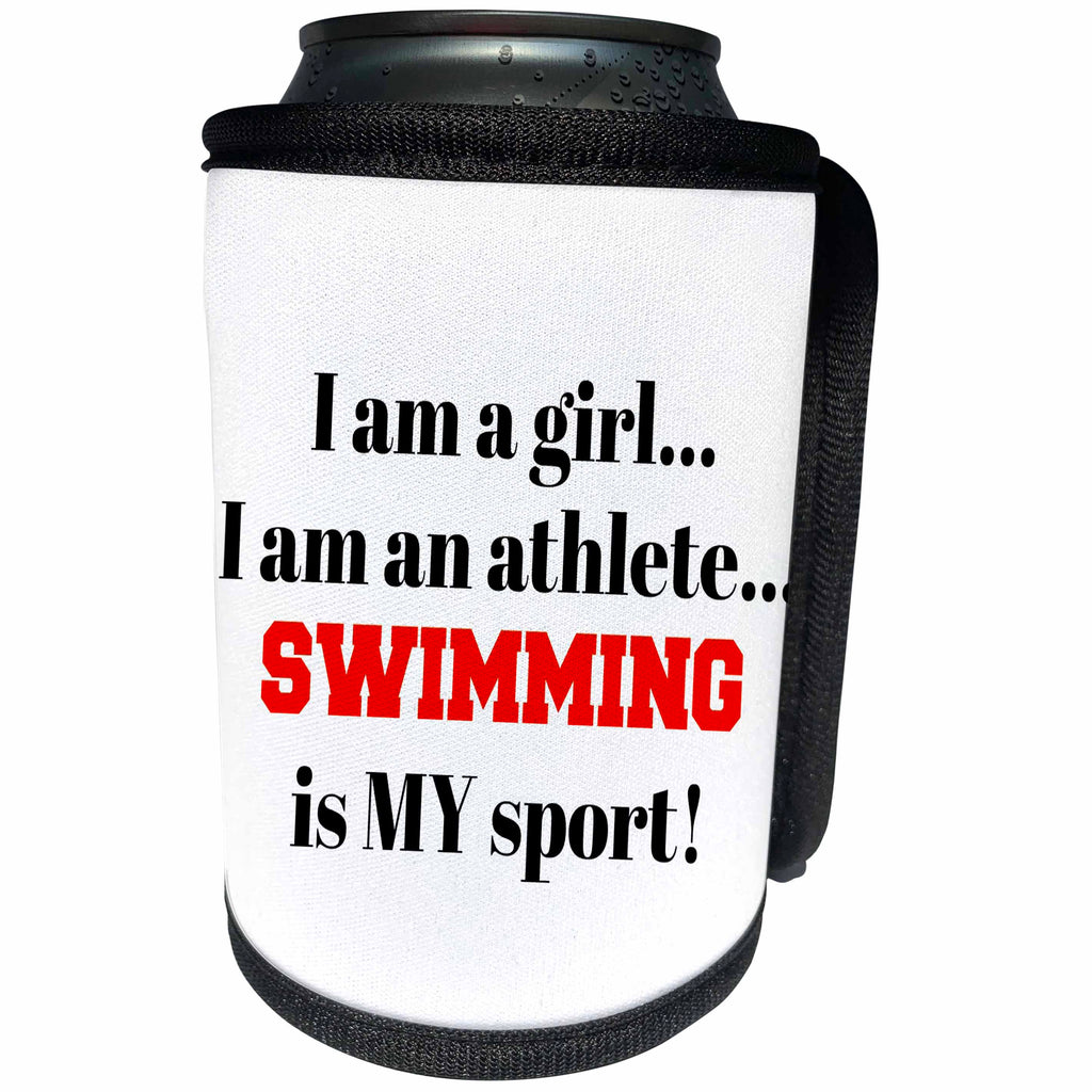 3dRose Xander inspirational quotes - I am a girl, I am an athlete, swimming is my sport, black red letters - Can Cooler Bottle Wrap (cc_265924)