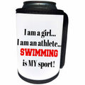 3dRose Xander inspirational quotes - I am a girl, I am an athlete, swimming is my sport, black red letters - Can Cooler Bottle Wrap (cc_265924)