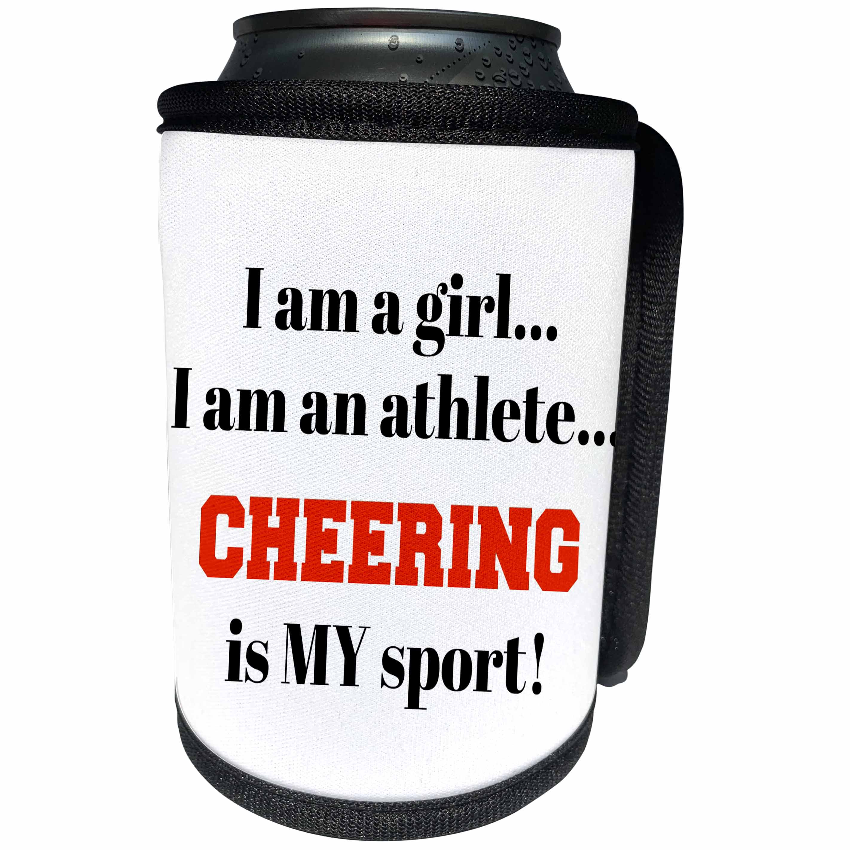 3dRose Xander inspirational quotes - I am a girl, I am an athlete, cheering is my sport, black red letters - Can Cooler Bottle Wrap (cc_265925)