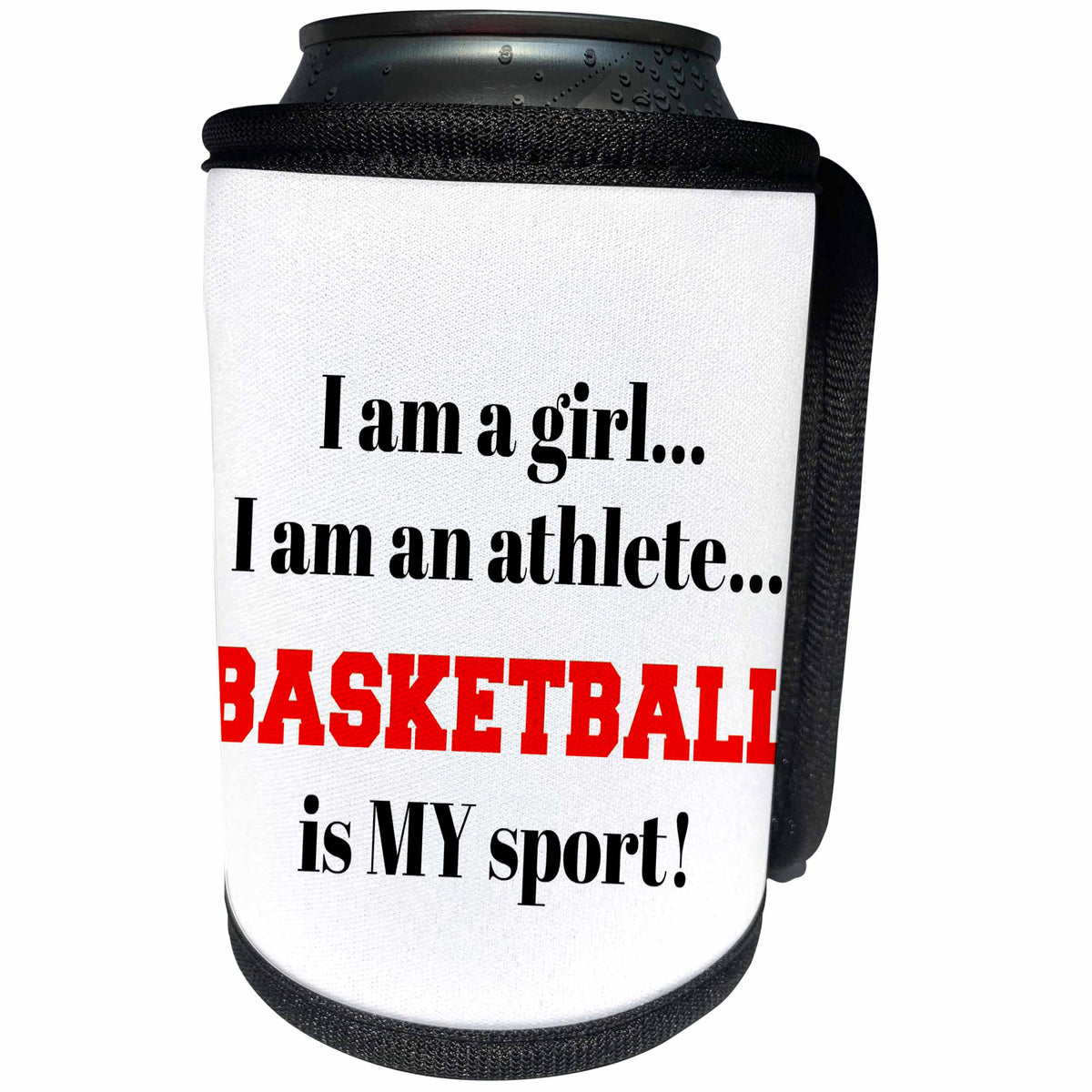 3dRose Xander inspirational quotes - I am a girl, I am an athlete, basketball is my sport, black red letters - Can Cooler Bottle Wrap (cc_265930)
