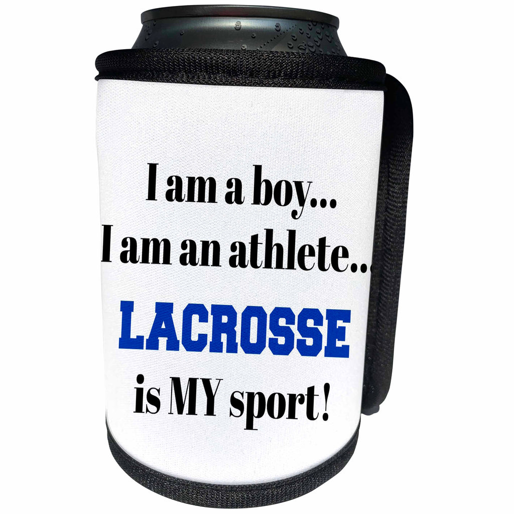 3dRose Xander inspirational quotes - I am a boy, I am an athlete, lacrosse is my sport, black blue letters - Can Cooler Bottle Wrap (cc_265932)