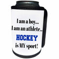 3dRose Xander inspirational quotes - I am a boy, I am an athlete, hockey is my sport, black blue letters - Can Cooler Bottle Wrap (cc_265936)