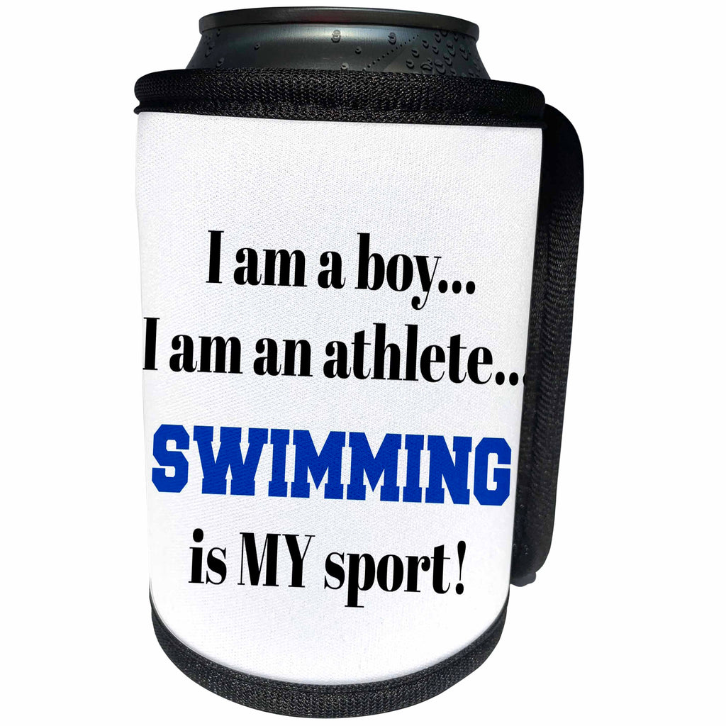 3dRose Xander inspirational quotes - I am a boy, I am an athlete, swimming is my sport, black blue letters - Can Cooler Bottle Wrap (cc_265937)