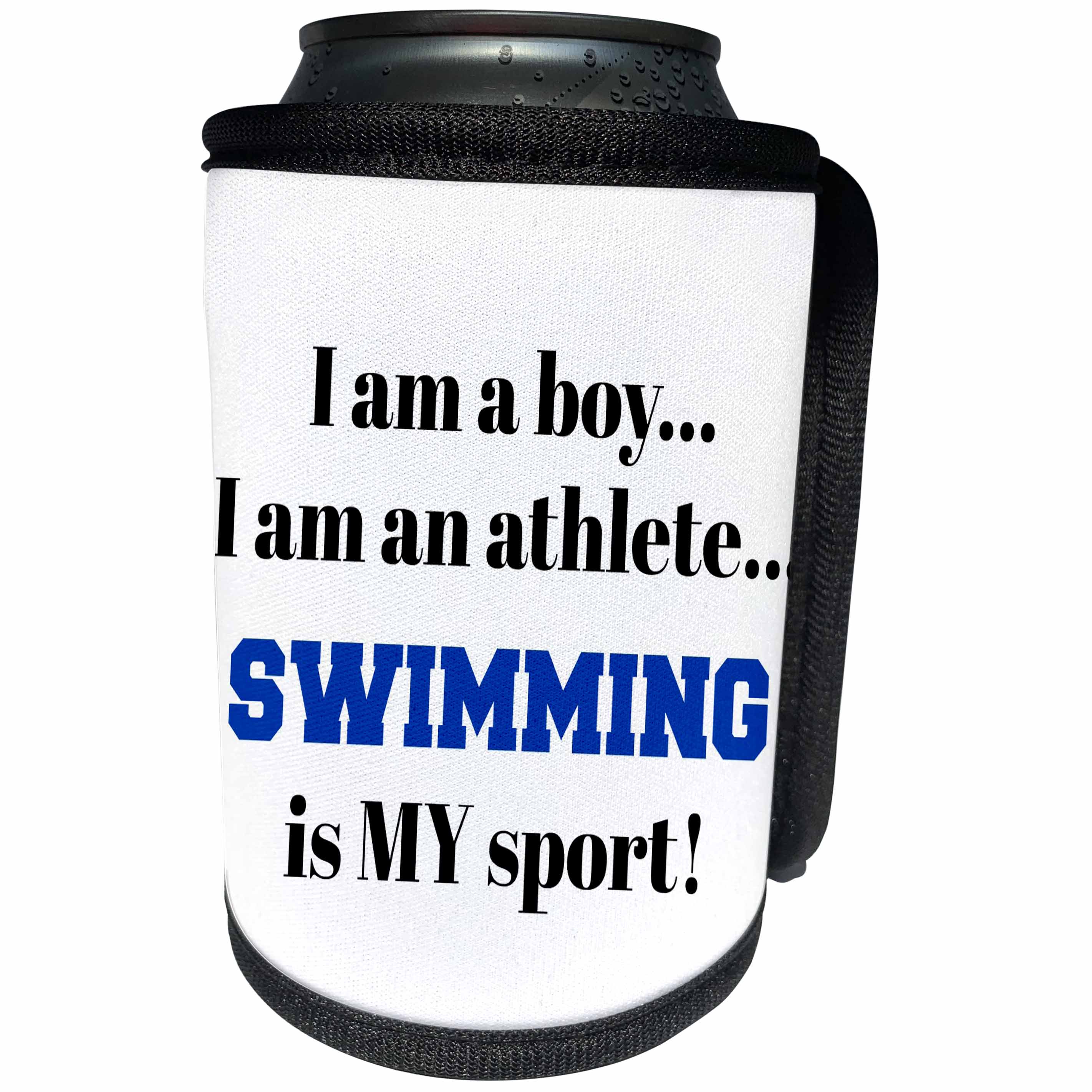3dRose Xander inspirational quotes - I am a boy, I am an athlete, swimming is my sport, black blue letters - Can Cooler Bottle Wrap (cc_265937)