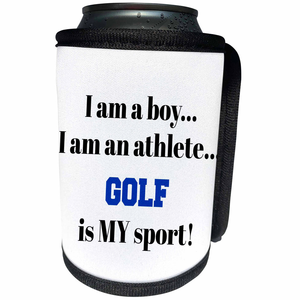 3dRose Xander inspirational quotes - I am a boy, I am an athlete, golf is my sport, black blue letters - Can Cooler Bottle Wrap (cc_265939)