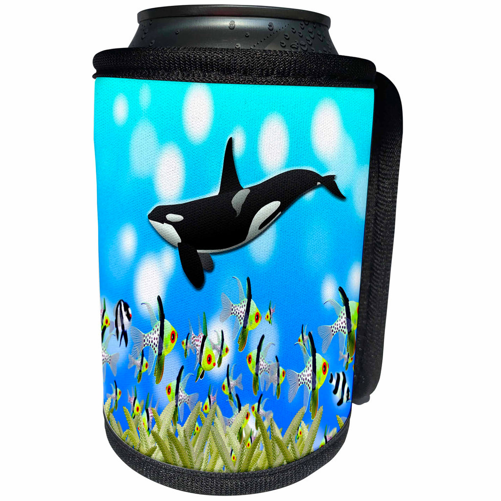 3dRose Ocean Art - Killer whale under water ocean art with ocean fish and coral accents - Can Cooler Bottle Wrap (cc_265957)