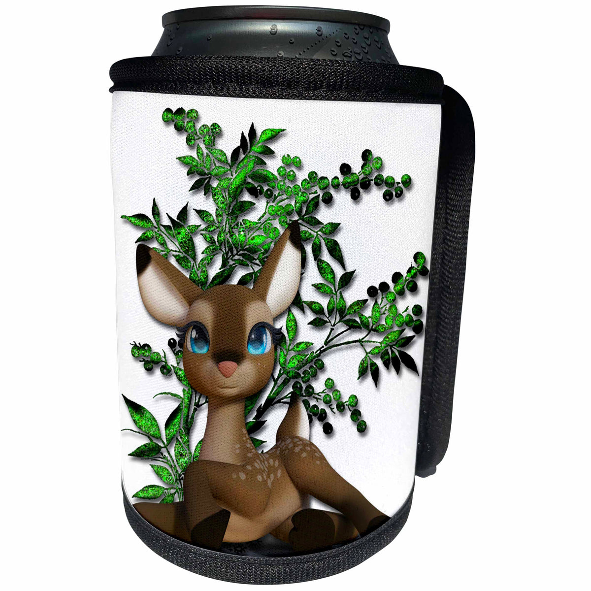 3dRose Cartoon Animals - Adorable fawn deer with big blue eyes laying in front of pretty tree - Can Cooler Bottle Wrap (cc_265958)