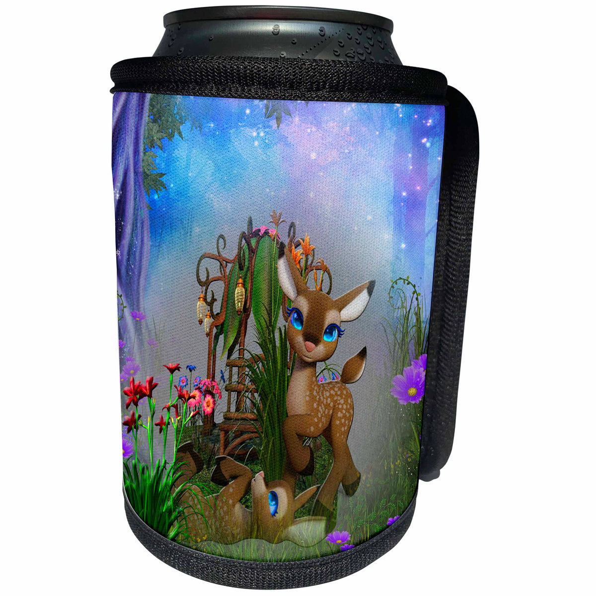 3dRose Cartoon Animals - Baby fawn with big blue eyes in a beautiful fantasy garden - Can Cooler Bottle Wrap (cc_265959)