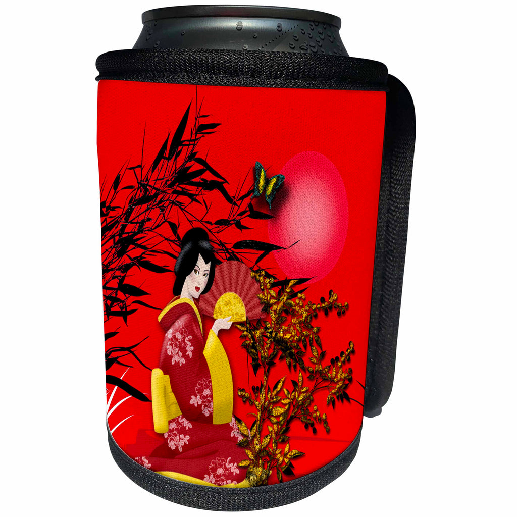 3dRose Ethnic - Japanese Geisha Girl in Red with and Gold Accents - Can Cooler Bottle Wrap (cc_265964)