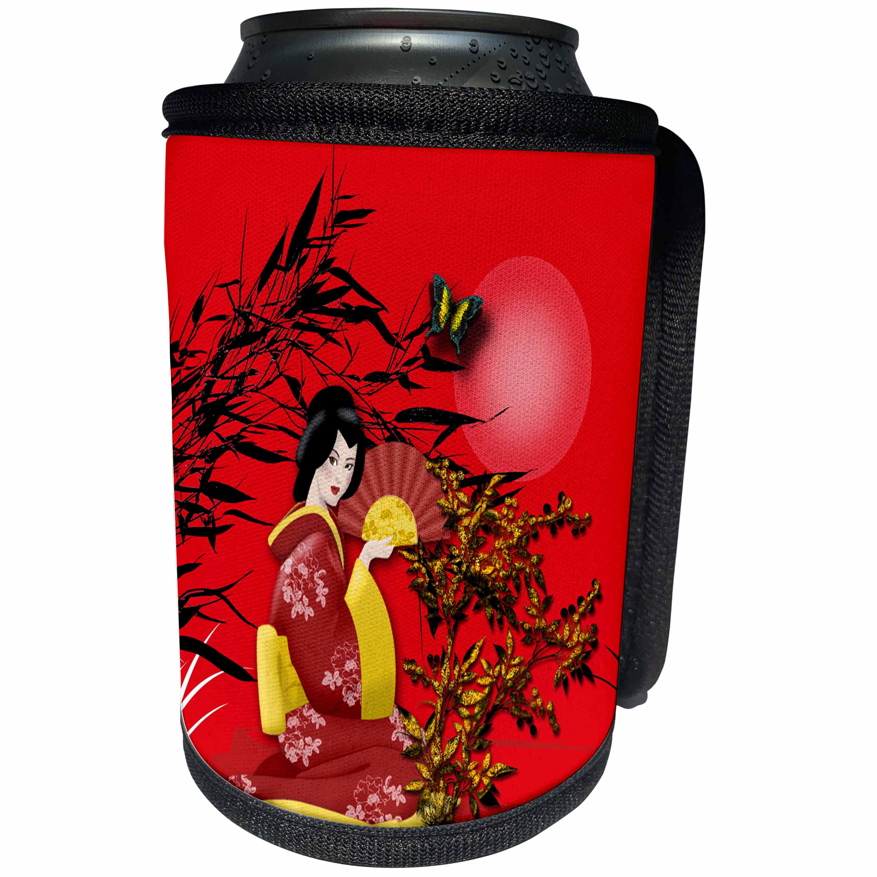 3dRose Ethnic - Japanese Geisha Girl in Red with and Gold Accents - Can Cooler Bottle Wrap (cc_265964)