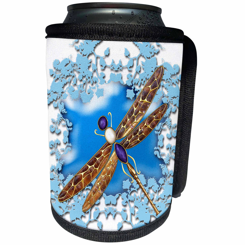 3dRose Fantasy - Dragonfly with patterned bronze wings, blue clouds - Can Cooler Bottle Wrap (cc_265969)