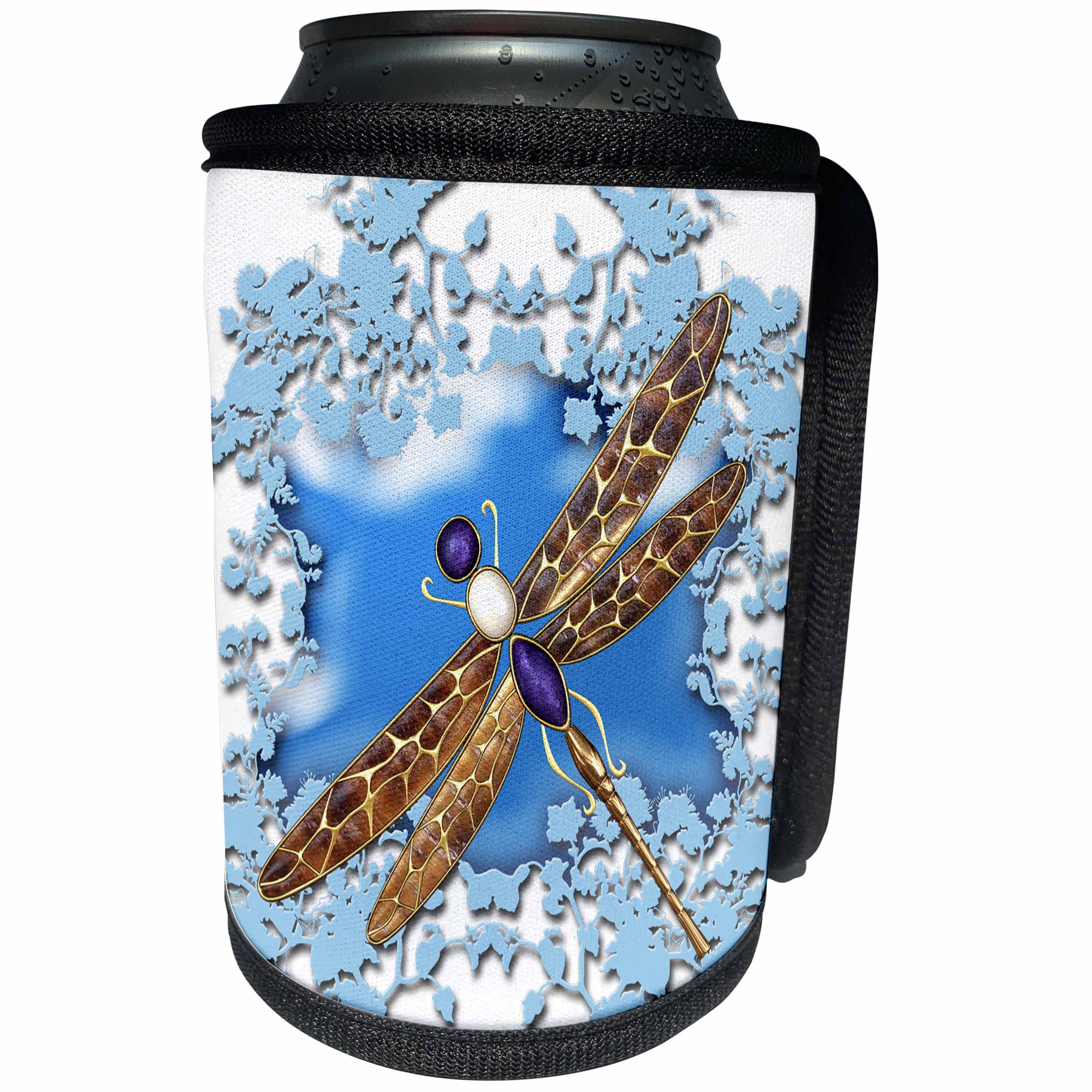3dRose Fantasy - Dragonfly with patterned bronze wings, blue clouds - Can Cooler Bottle Wrap (cc_265969)