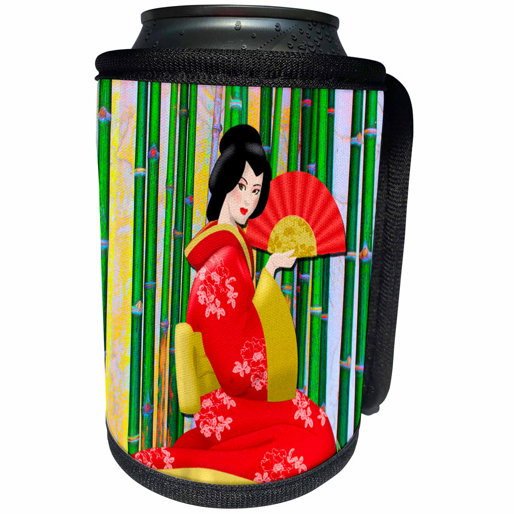 3dRose Ethnic - Geisha Girl with Stripped Background and Umbrella Fan - Can Cooler Bottle Wrap (cc_265979)