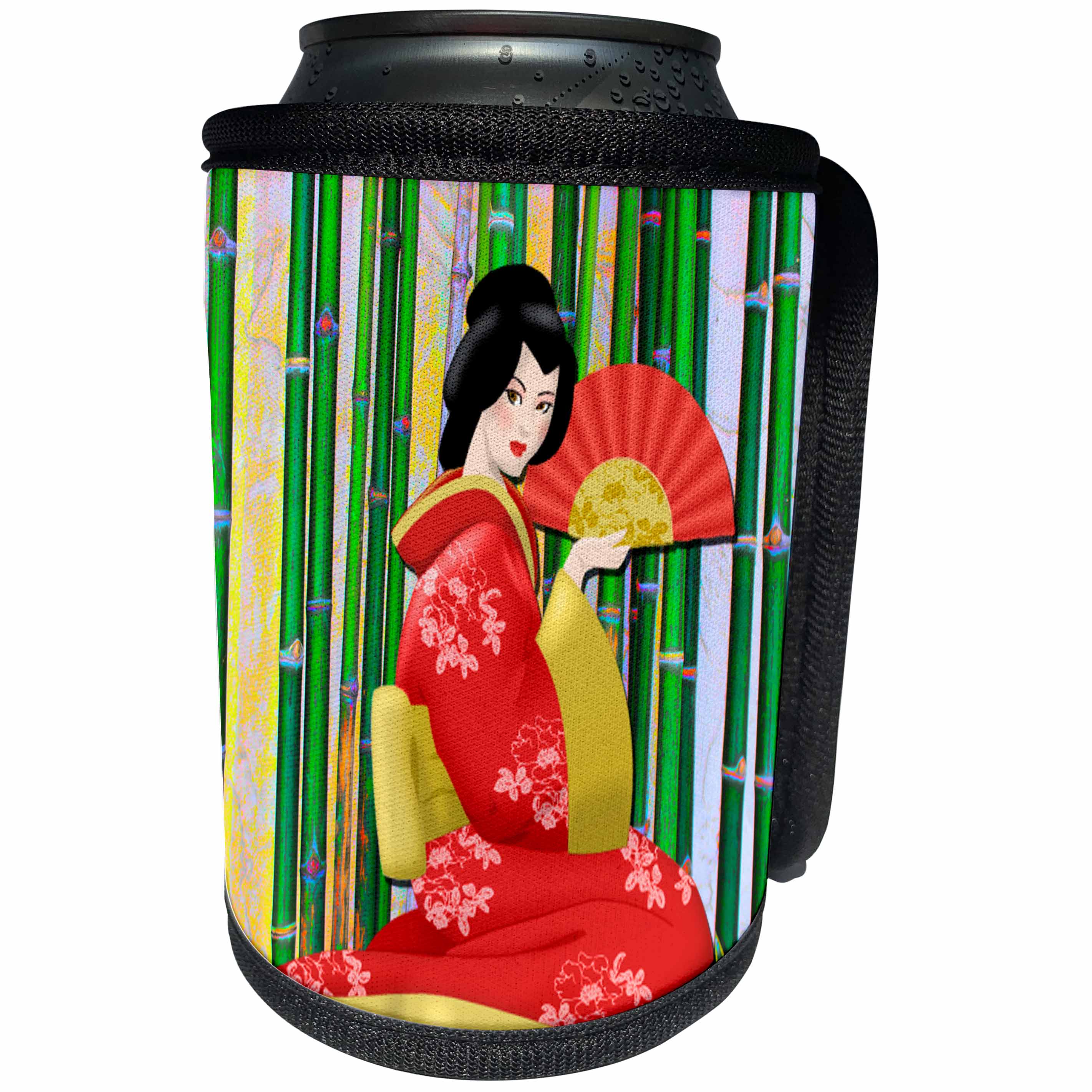3dRose Ethnic - Geisha Girl with Stripped Background and Umbrella Fan - Can Cooler Bottle Wrap (cc_265979)