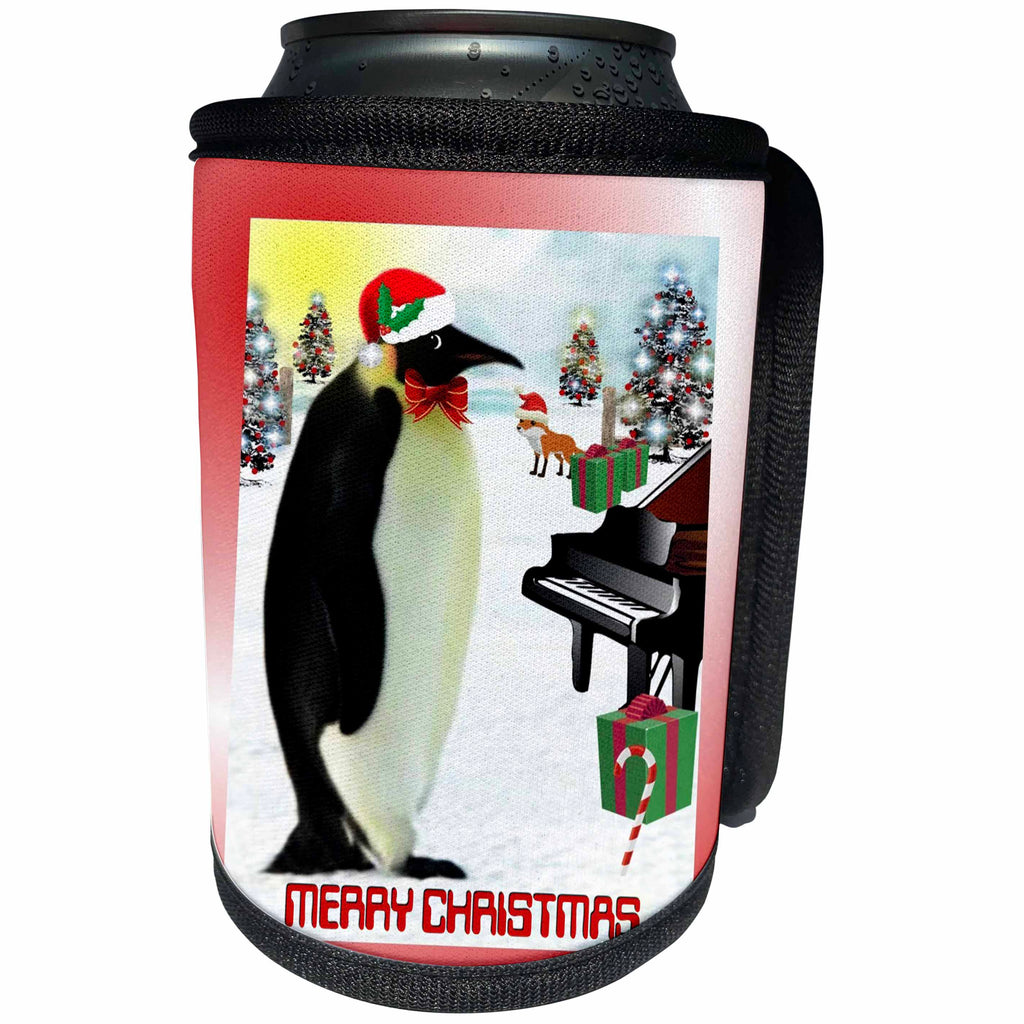 3dRose SmudgeArt All Things Christmas - Emperor Penguin With Piano And Gifts Merry Christmas - Can Cooler Bottle Wrap (cc_26598)