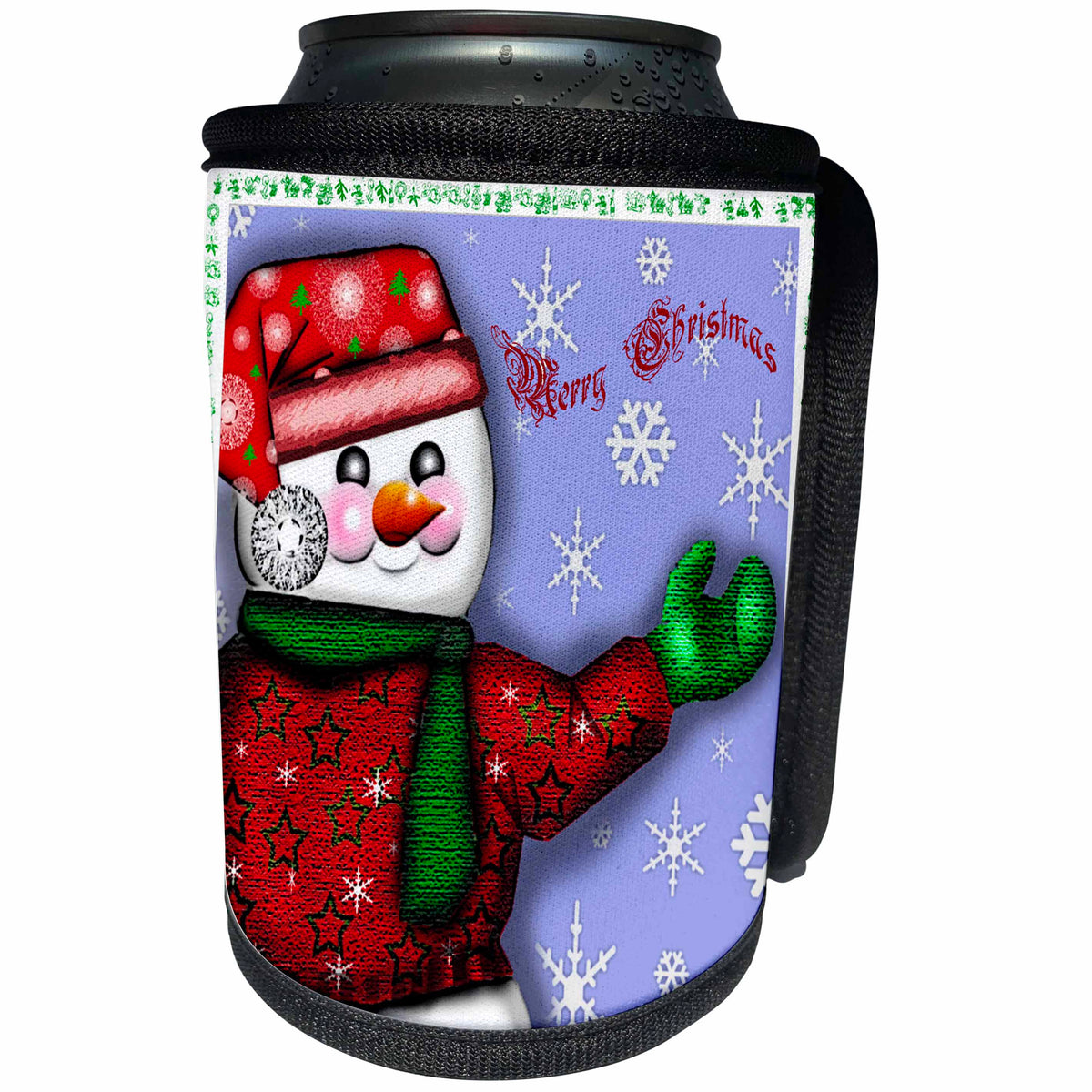 3dRose Dawn Gagnon Photography Holiday Designs - Waving Snowman Merry Christmas Greeting - Can Cooler Bottle Wrap (cc_265984)