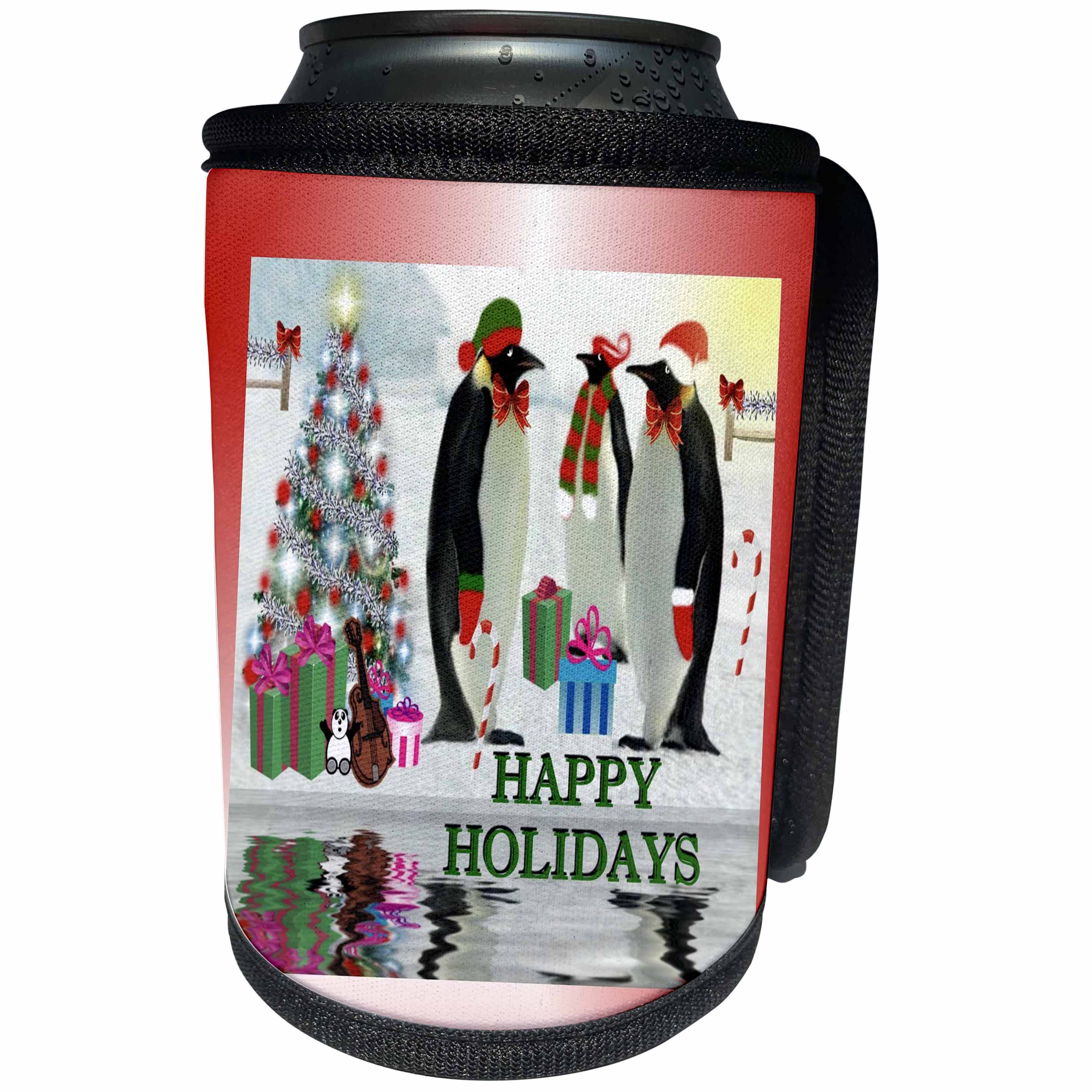 3dRose SmudgeArt All Things Christmas - Emperor Penguins Bearing Gifts Happy Holidays - Can Cooler Bottle Wrap (cc_26600)