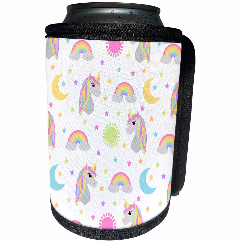 3dRose Janna Salak Designs Fairy Tale - Retro Unicorn Sun Moon and Stars Print - Can Cooler Bottle Wrap (cc_266101)