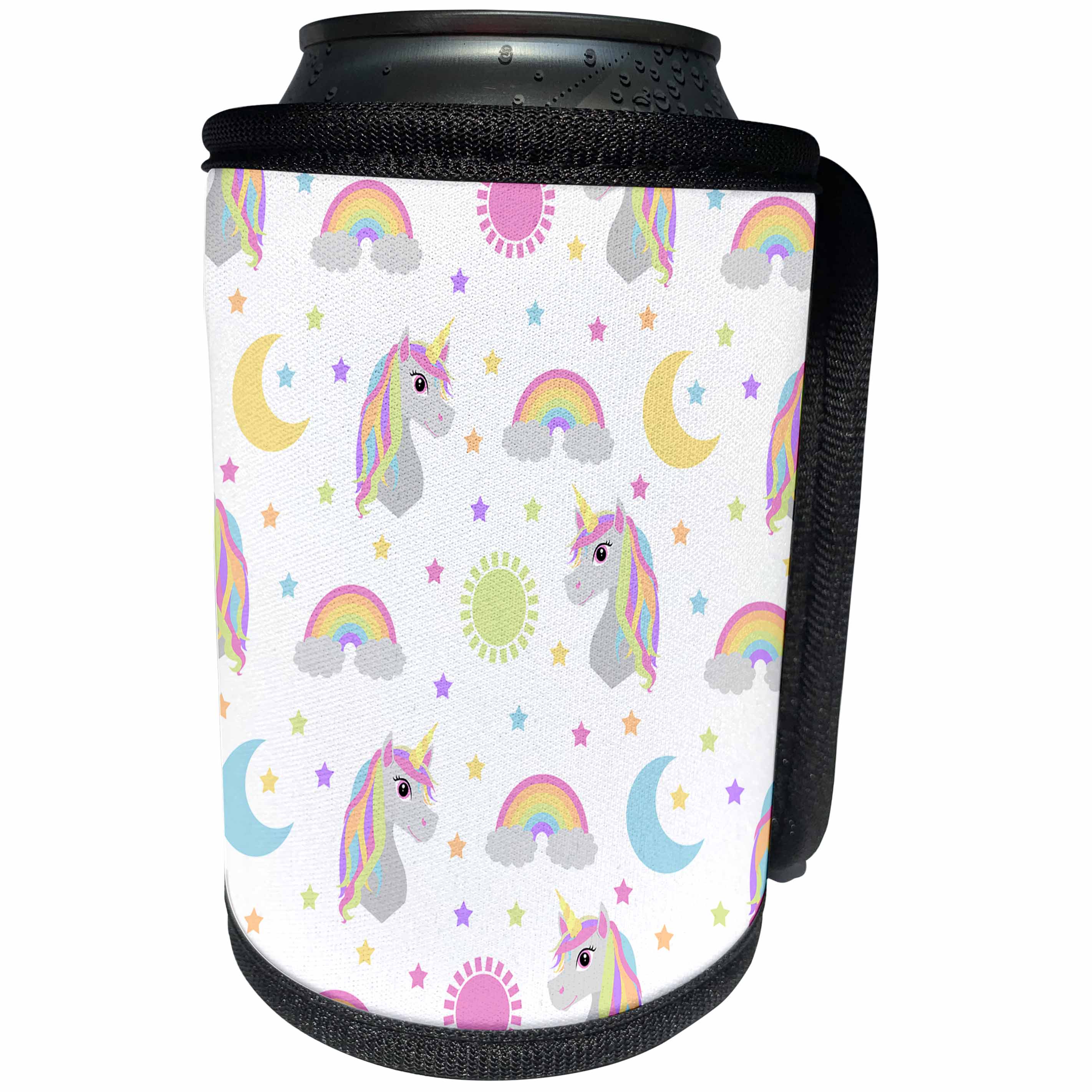 3dRose Janna Salak Designs Fairy Tale - Retro Unicorn Sun Moon and Stars Print - Can Cooler Bottle Wrap (cc_266101)
