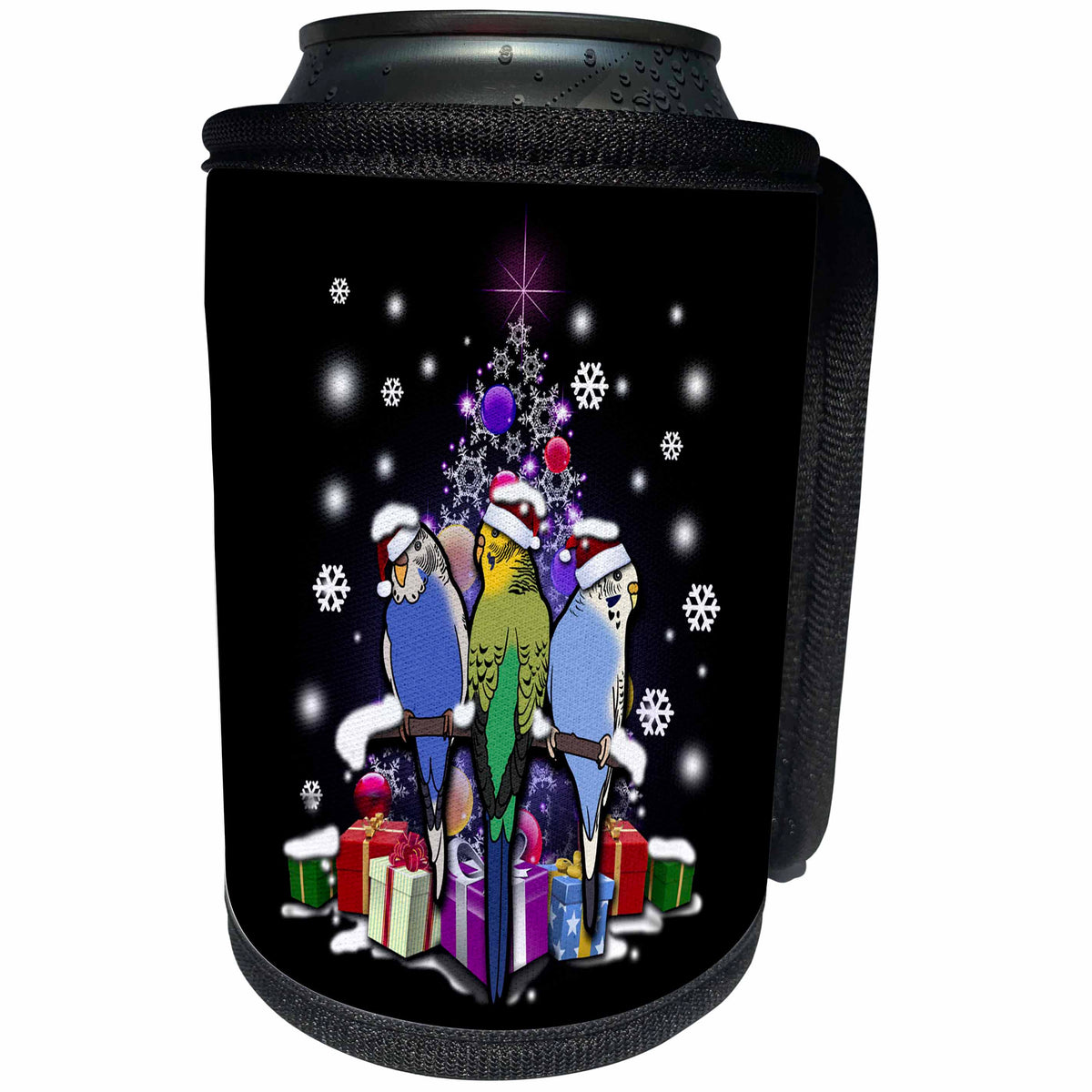 3dRose Sven Herkenrath Animal - Christmas Budgerigar in Xmas Style with Snowflakes and Gifts - Can Cooler Bottle Wrap (cc_266152)