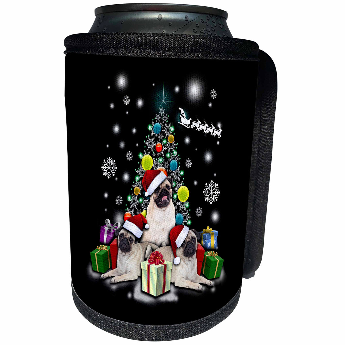 3dRose Sven Herkenrath Animal - Xmas Pug Dog in Christmas Style with Gifts and Snowflakes - Can Cooler Bottle Wrap (cc_266153)