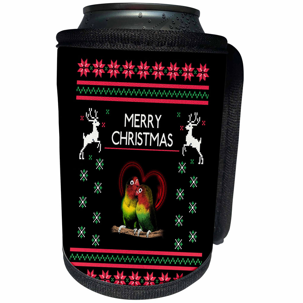3dRose Sven Herkenrath Christmas - Lovebird Parrots Animal with Merry Christmas Deer - Can Cooler Bottle Wrap (cc_266154)