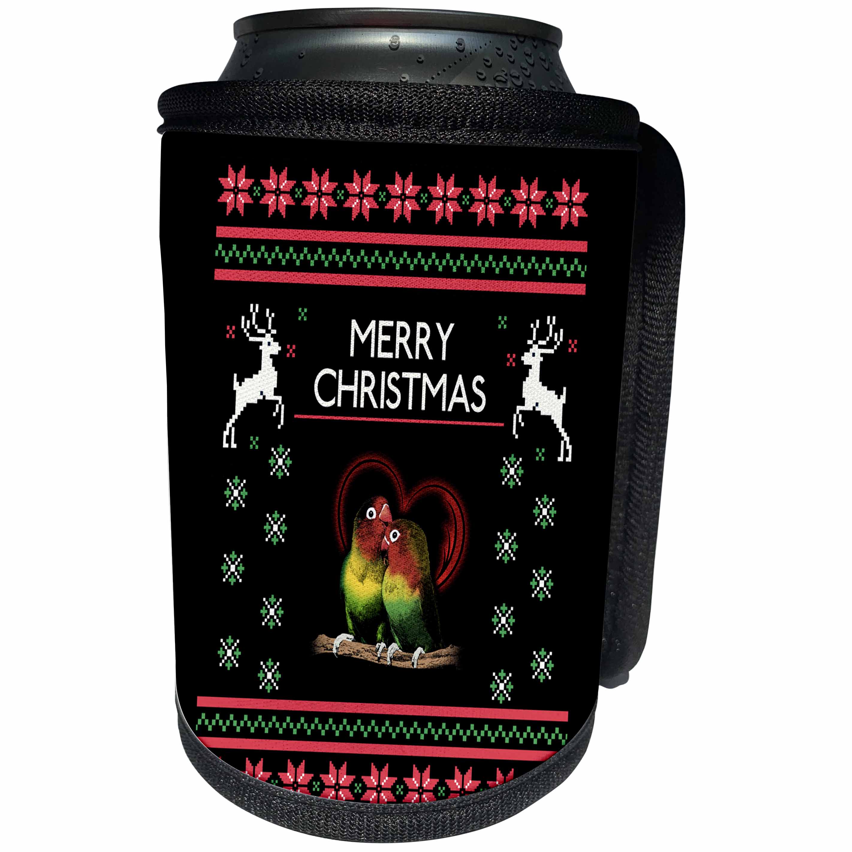 3dRose Sven Herkenrath Christmas - Lovebird Parrots Animal with Merry Christmas Deer - Can Cooler Bottle Wrap (cc_266154)