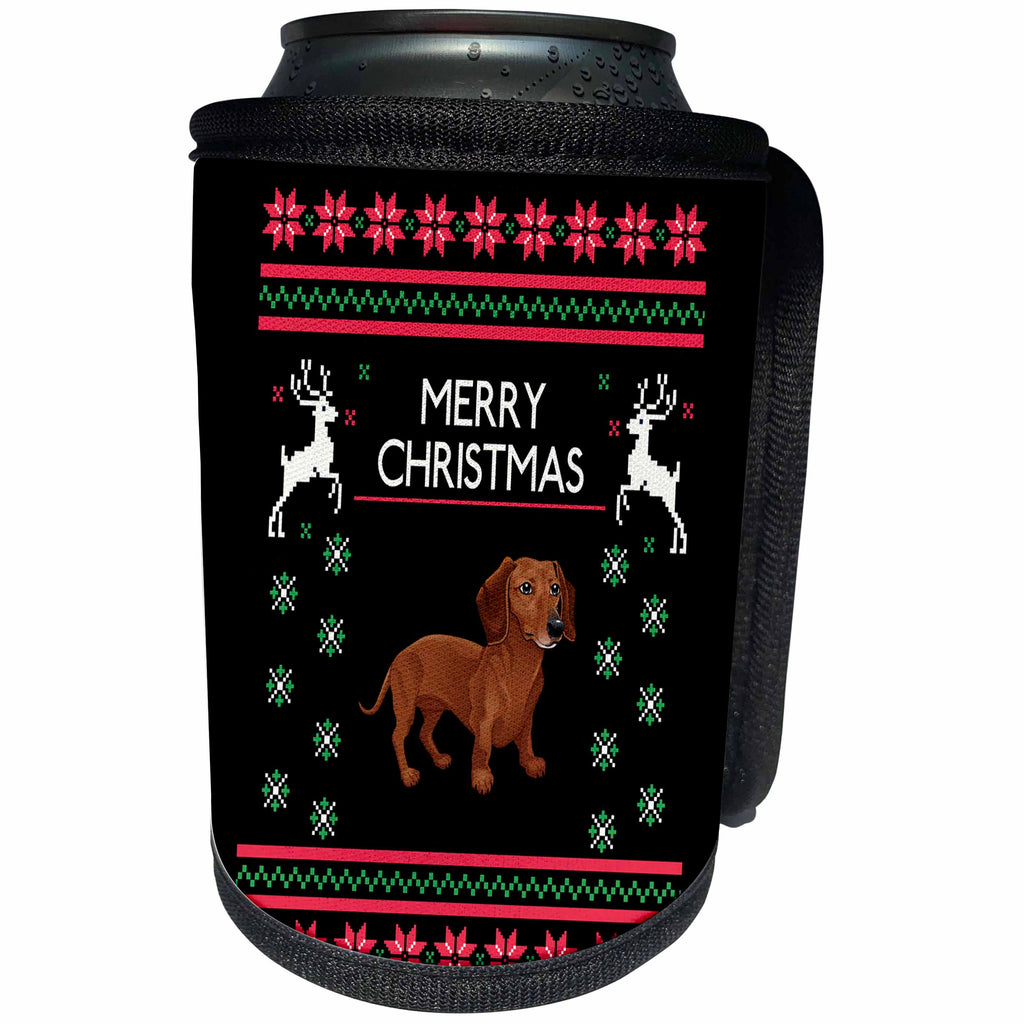 3dRose Sven Herkenrath Christmas - Dachshund Dog with Xmas Deer and Merry Christmas Snowflake - Can Cooler Bottle Wrap (cc_266161)