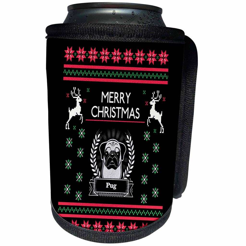 3dRose Sven Herkenrath Christmas - Merry Christmas Celebration Season with Pug Dog Animal - Can Cooler Bottle Wrap (cc_266181)