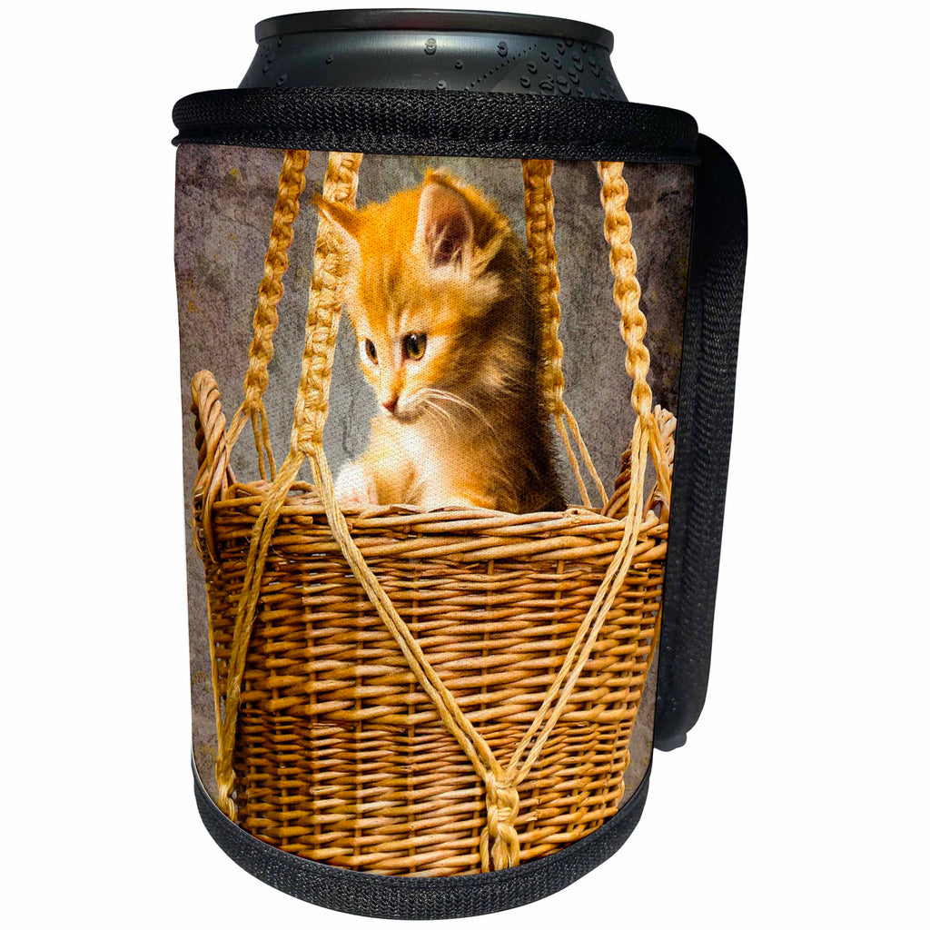 3dRose Sven Herkenrath Animal - Funny Red Cat Pet Kitten Sitting in the Basket - Can Cooler Bottle Wrap (cc_266204)