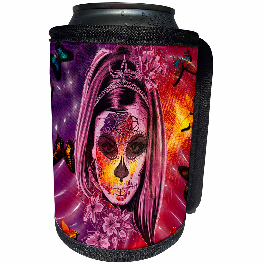 3dRose Sven Herkenrath Skull - Woman Skull in Pink and Purple Style Halloween Horror - Can Cooler Bottle Wrap (cc_266217)