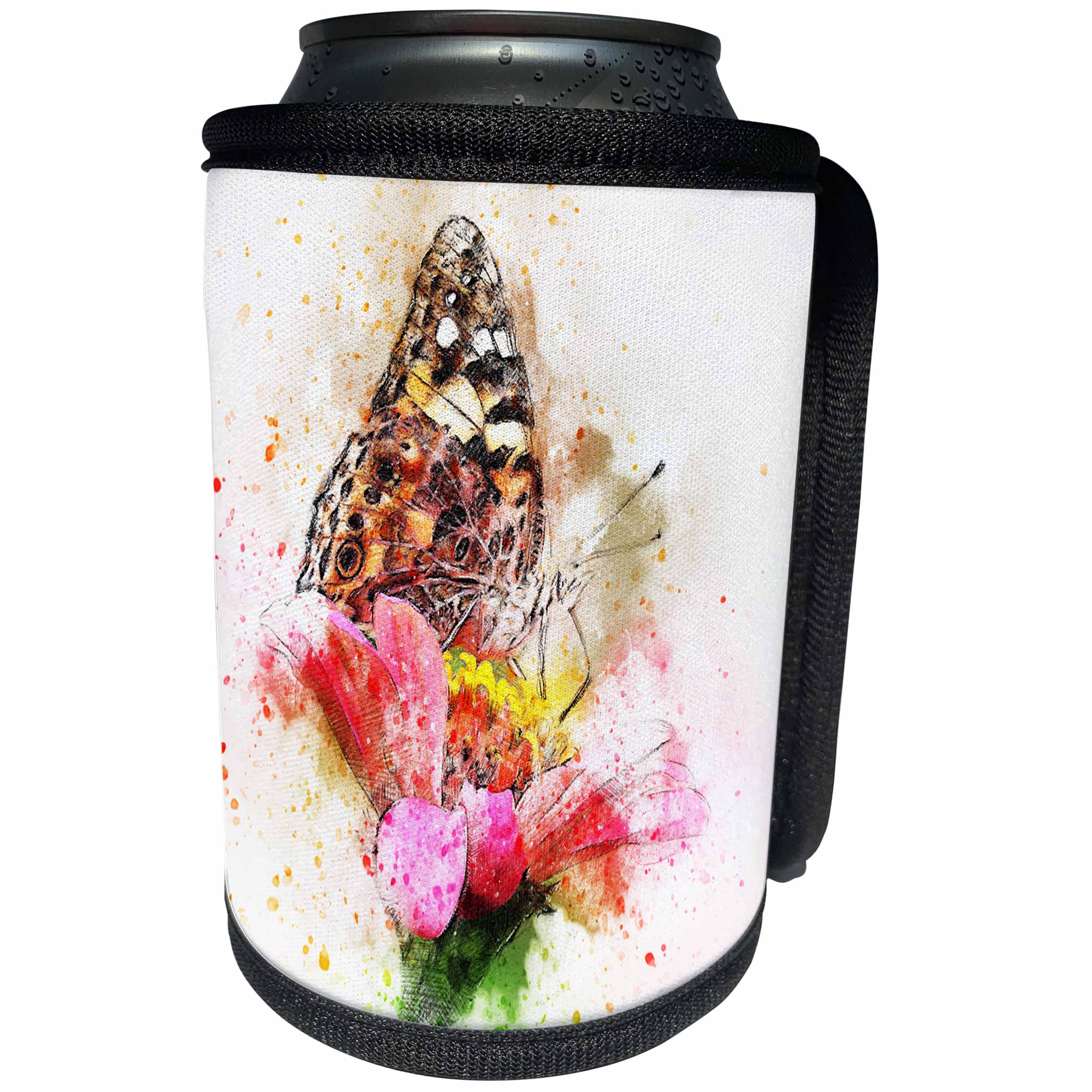 3dRose Sven Herkenrath Watercolor - Watercolor Lilium Flower with Butterfly on the Front - Can Cooler Bottle Wrap (cc_266219)