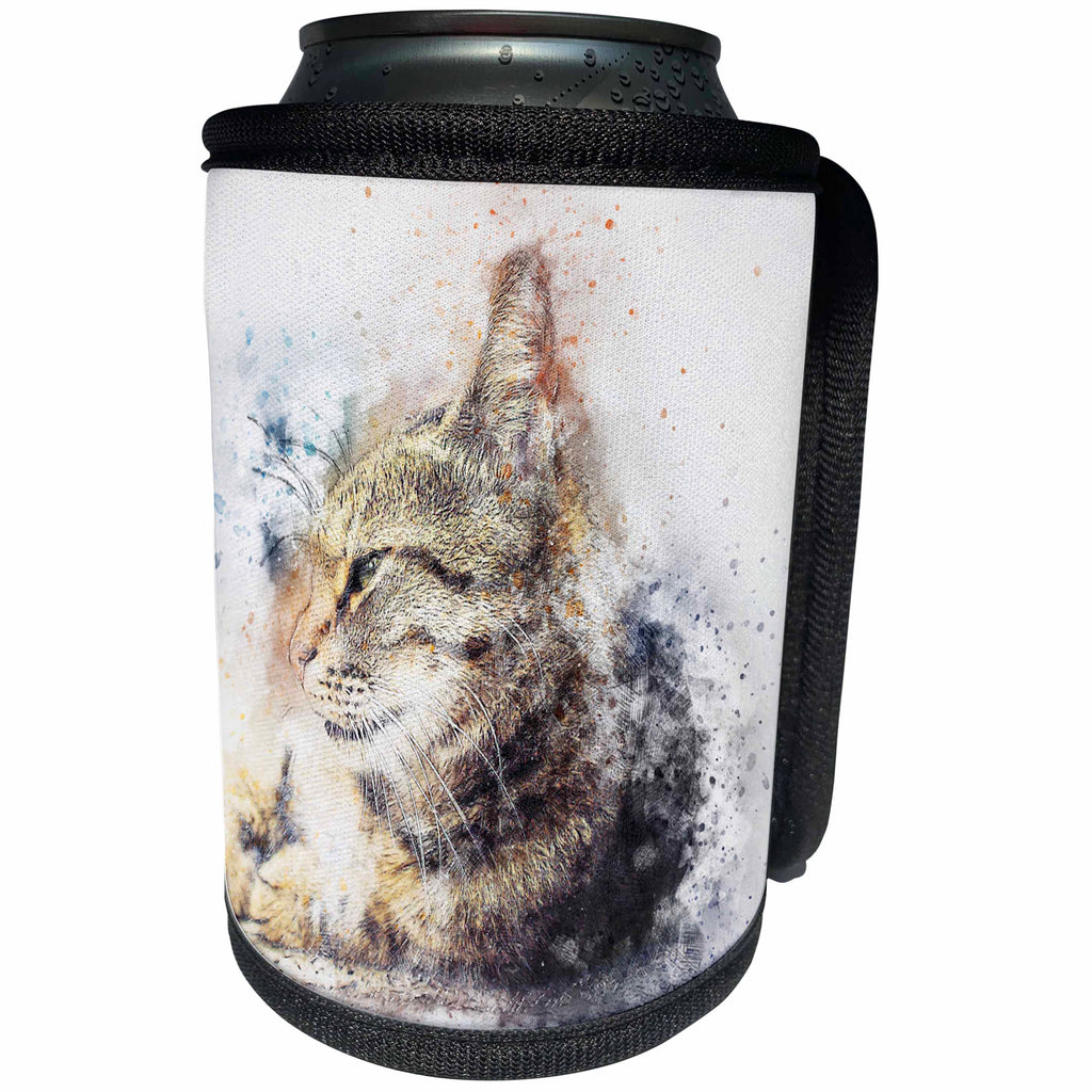 3dRose Sven Herkenrath Animal - Watercolor Cat Pet Kitten Animal Friend Funny - Can Cooler Bottle Wrap (cc_266221)